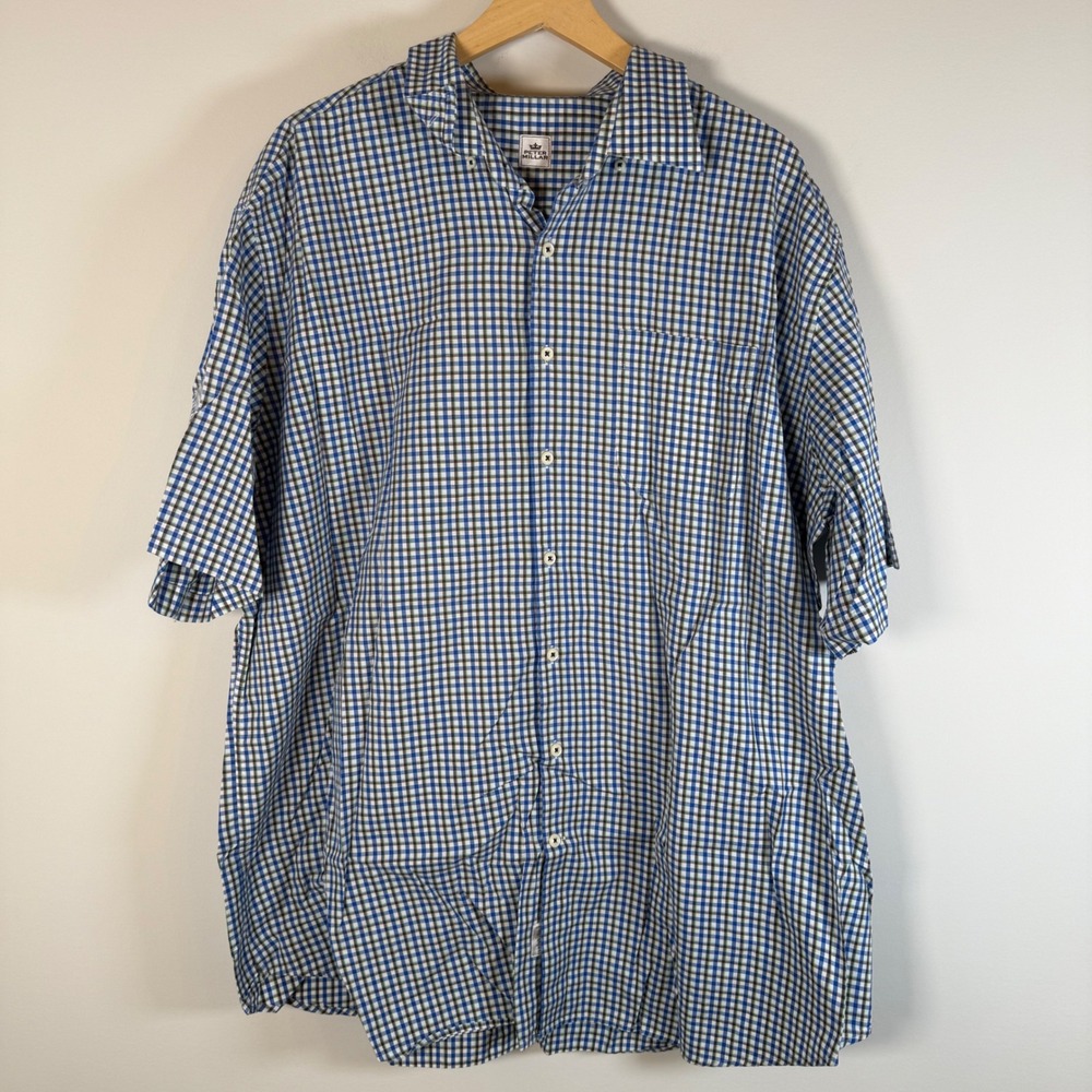 Peter Millar Gingham Button Down Shirt XXL 100% Cotton Blue Plaid Short Sleeve